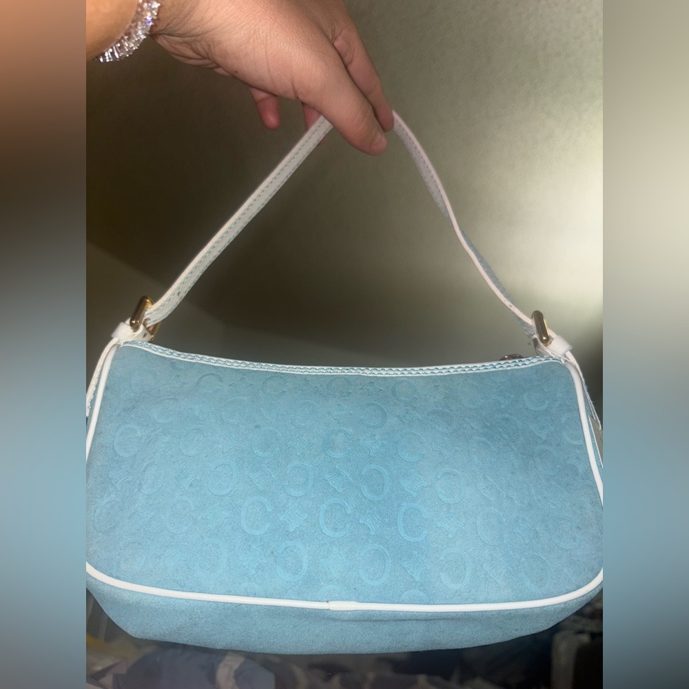 Celine Light Teal Suede Shoulder Bag with White Trim